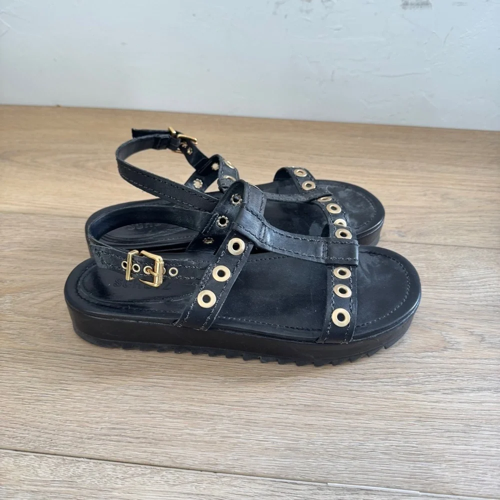 Schutz Black Leather Strappy Grommets Sandals Size 8
